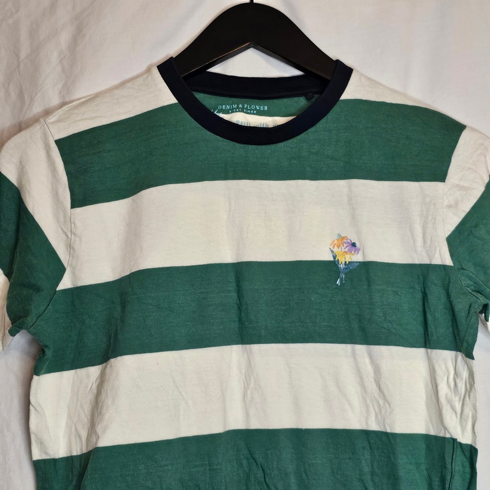Denim & Flower Ricky Singh Medium Green Cream Striped Floral Embroidered T-Shirt - Picture 2 of 10